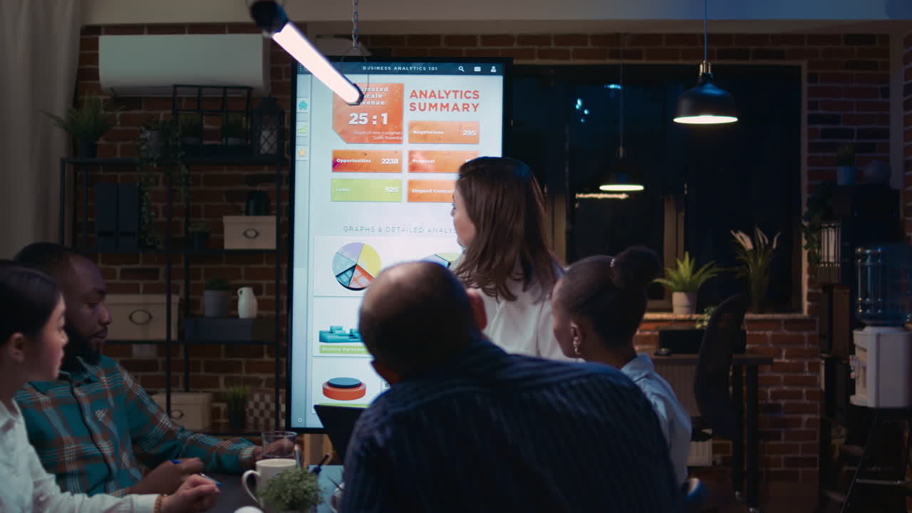 Employee speaking in business meeting, financial report presentation