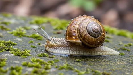 Captivating Snail Journey: A Close-Up Exploration of a Snail with a Beautifully Detailed Shell and Dewy Surface, Set Against a Lush Green Background