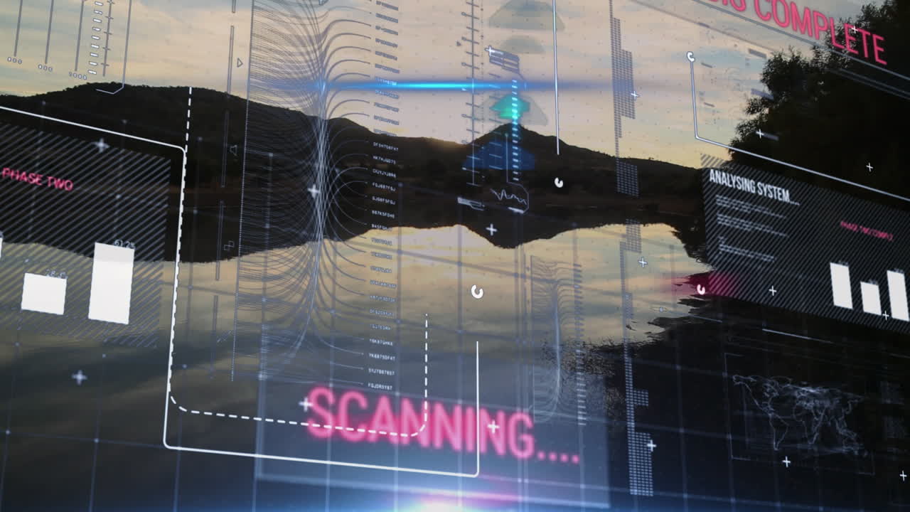 평온한 호수와 산의 실루의 경치에 이동하는 인포그래픽 인터페이스의 애니메이션