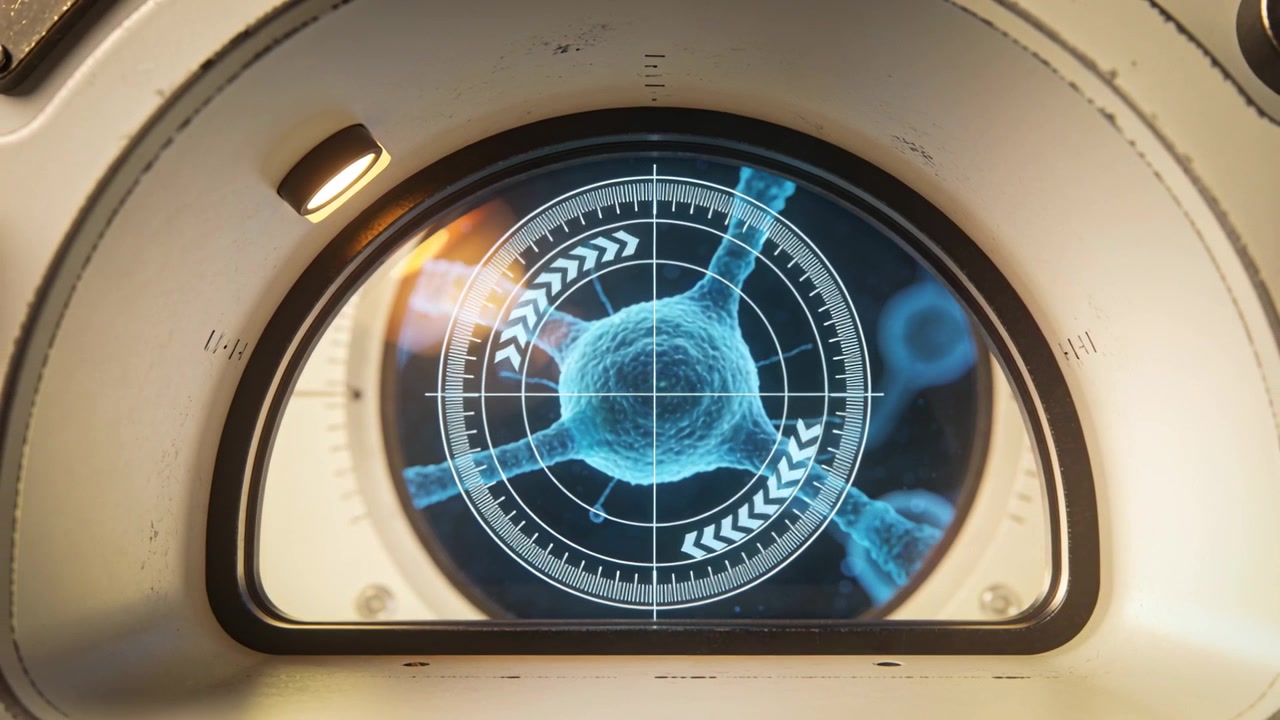 Rotating HUD overlay starting camera rise while targeting blue sphere via beige rim exposing lamp