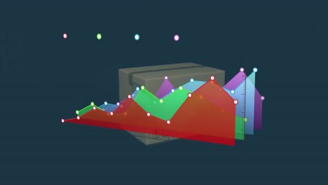 statistical data processing against delivery box and 3d delivery truck model against blue background