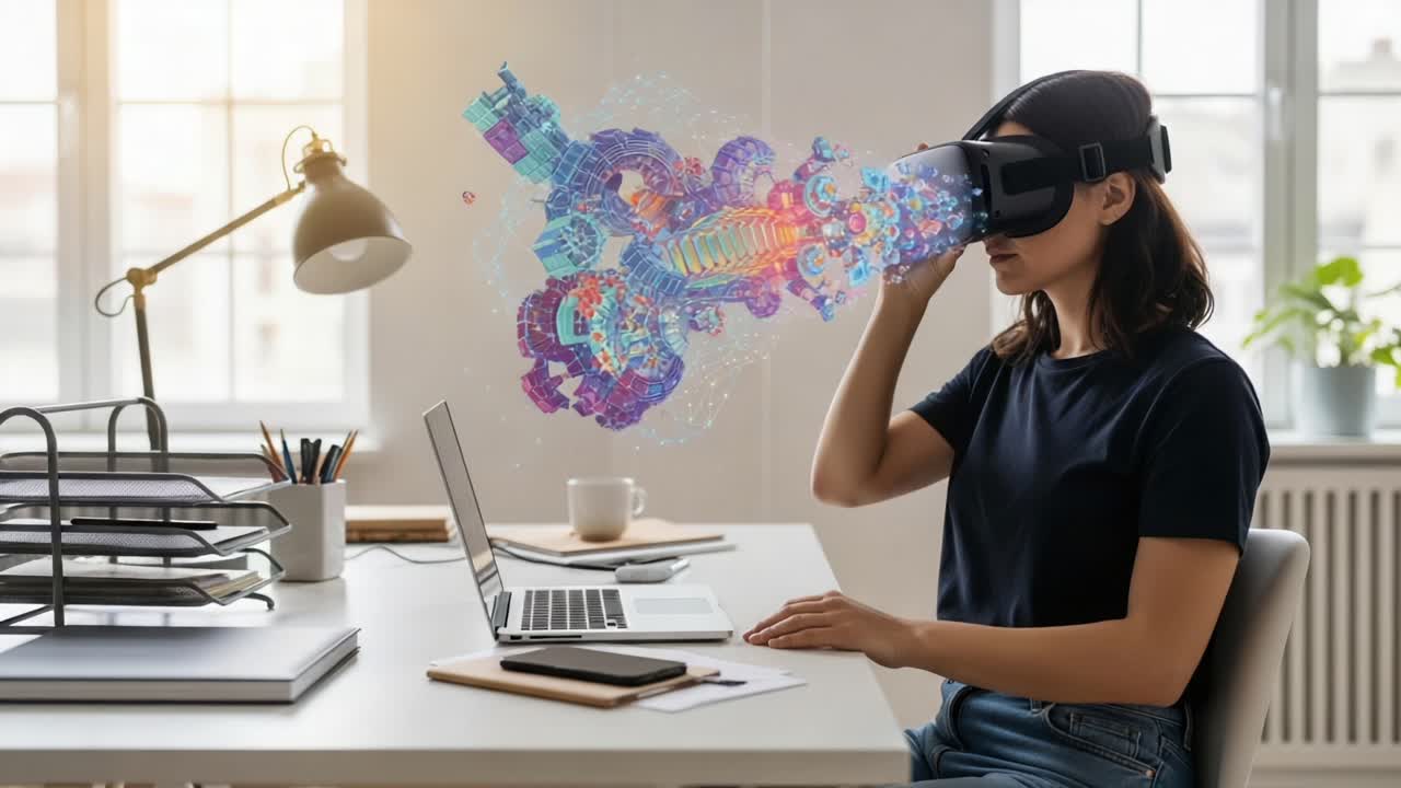 Immersive Virtual Reality Experience: A Young Woman Engages with Digital Elements While Using VR Headset at Her Modern Workspace