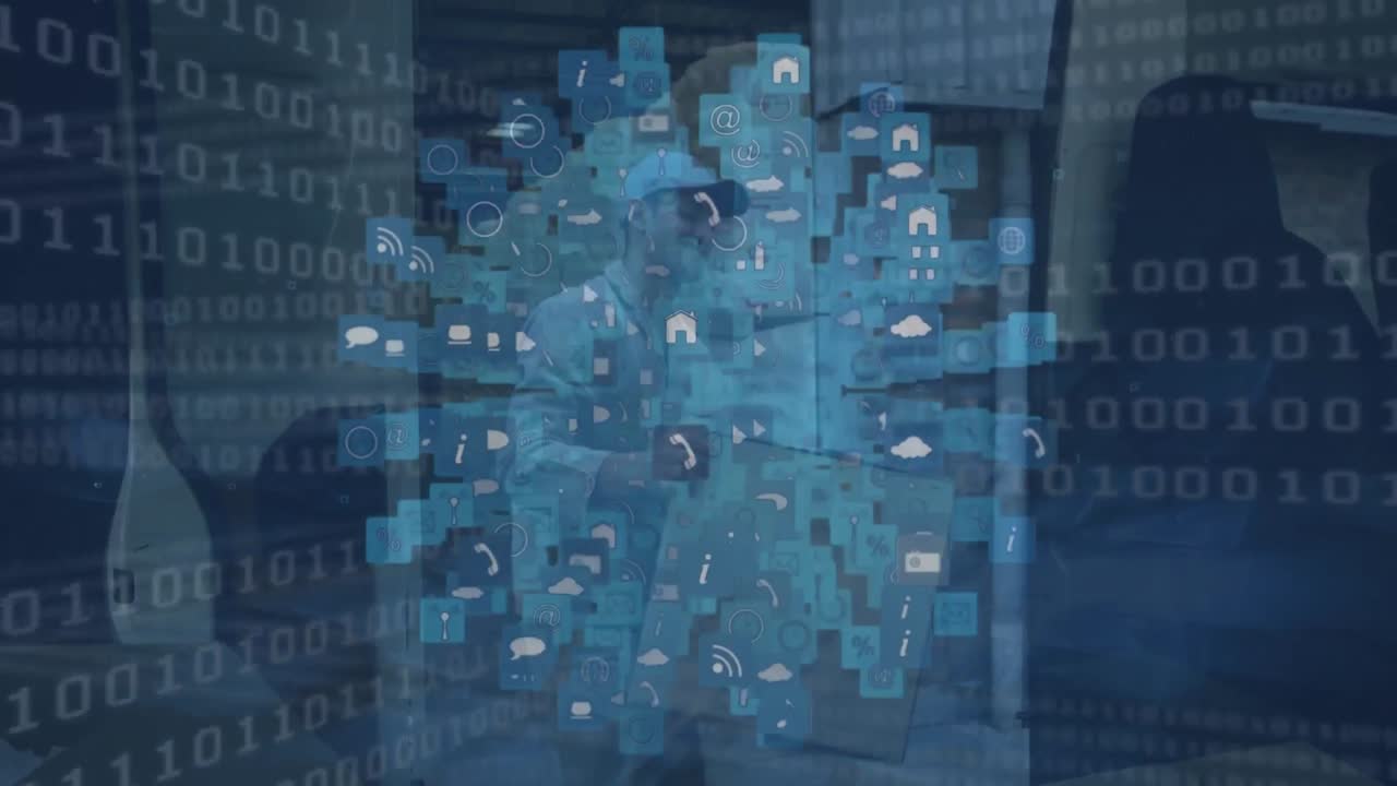 animación de la interfaz digital sobre el trabajador de almacén caucásico