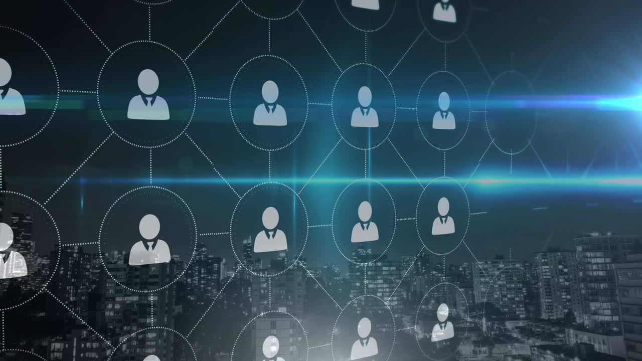 Animazione di una rete di connessioni con icone di persone su un paesaggio urbano.