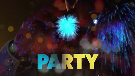 animation of party text over fireworks and caucasian woman singing