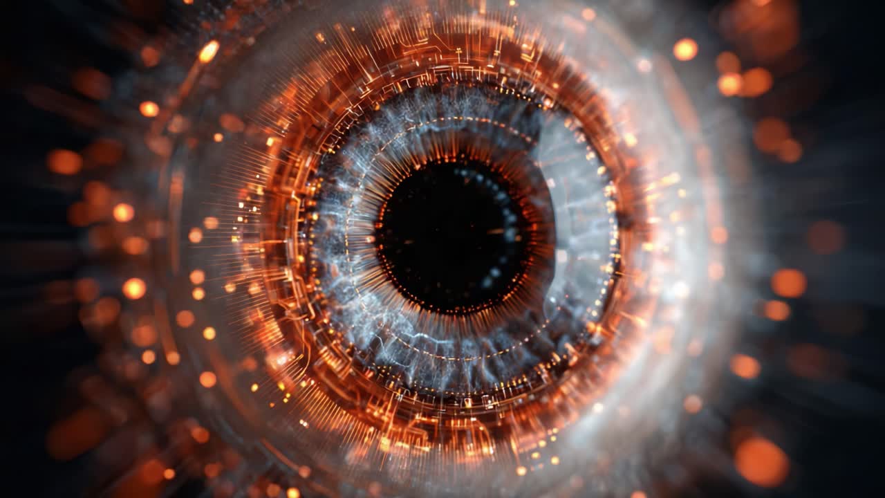 A Stunning Visual Journey Through an Abstract Eye, Merging Digital Patterns and Cosmic Elements, Capturing the Essence of Intelligence and Connectivity