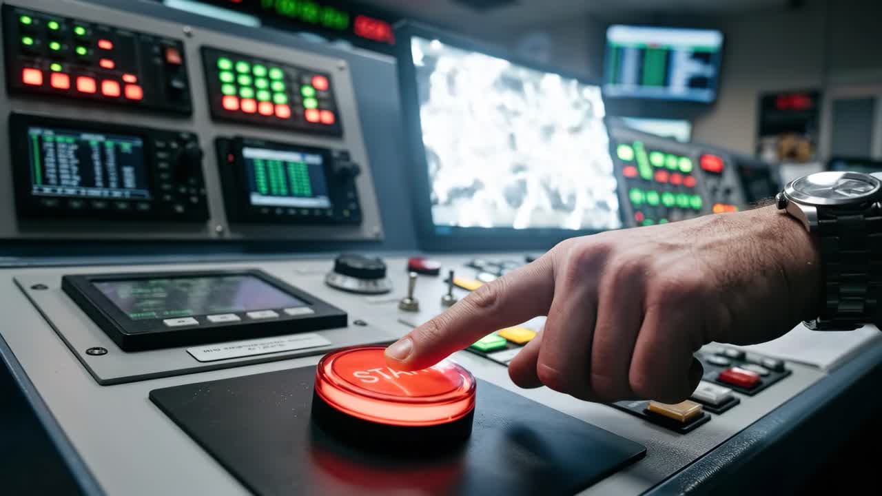 Hand Pressing Red Start Button on a High-Tech Control Panel