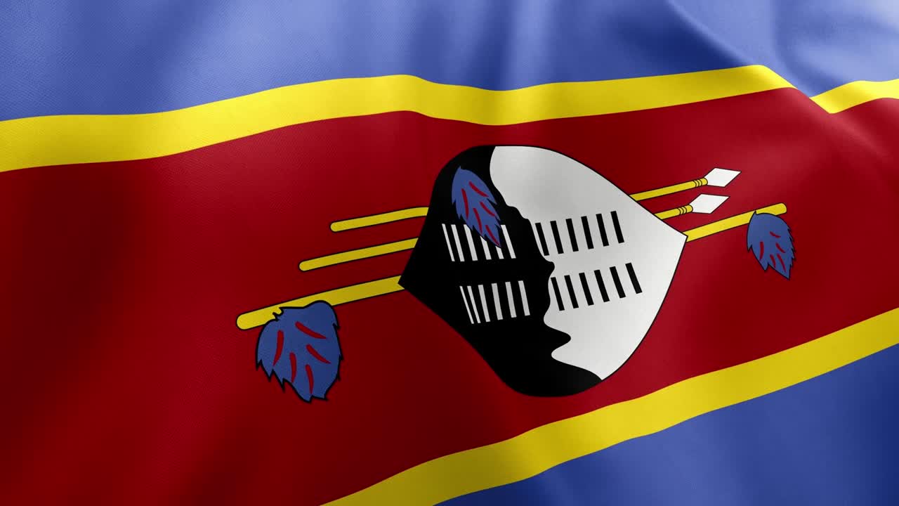 Realistic waving flag of Eswatini, Swaziland, stripes, shield, spears, staff. Southern African kingdom symbol, Mbabane, Lobamba, patriotism