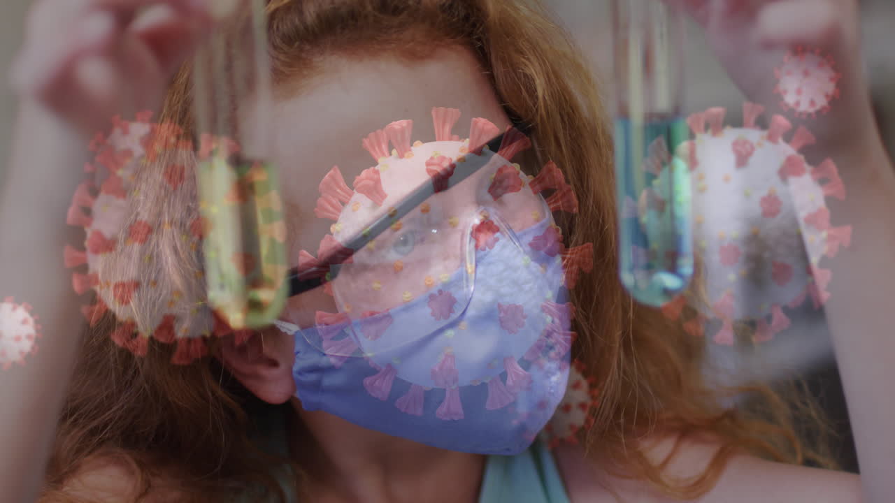 анимация клеток ковид-19 и школьница в классе естественных наук в маске