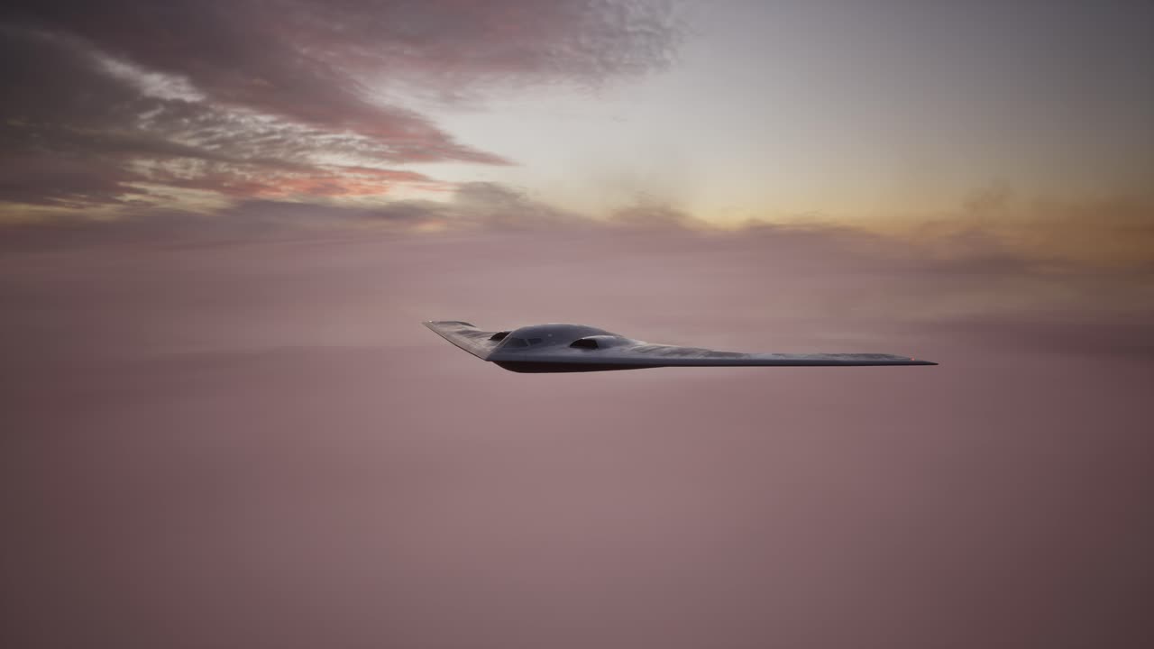Bombardiere stealth che vola al tramonto