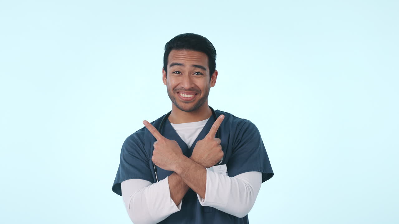 Asian man, doctor and pointing on mockup