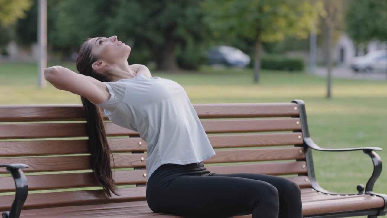 Una donna in abbigliamento sportivo inizia in posizione eretta, con le mani giunte, appoggiandosi a una panchina del parco e facendo stretching per mantenersi in forma.