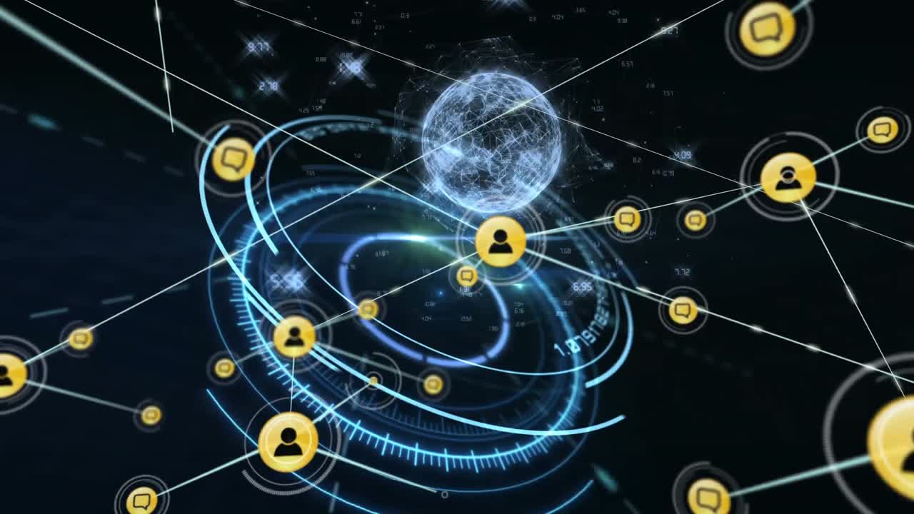 red de iconos digitales contra un globo giratorio sobre un escáner redondo sobre un fondo negro