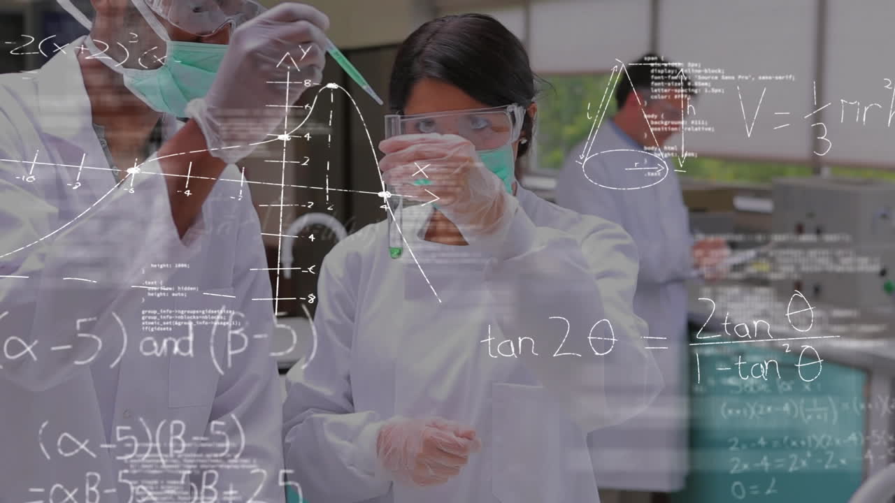 과학자 들 이 실험 튜브 에 화학물질 을 혼합 하고 있다