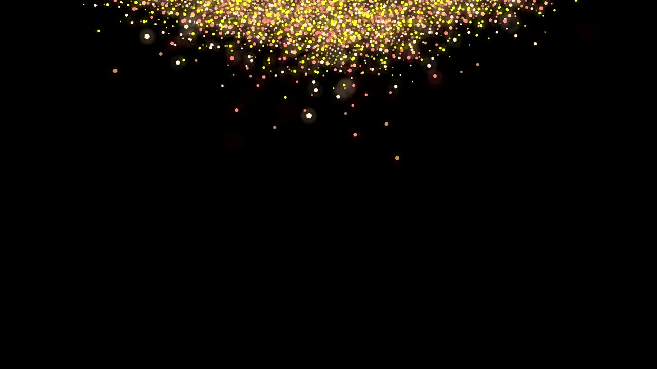 검은 바탕에 황금 반이는 폭발, 추상적인 디지털 애니메이션, 무작위적인 황금 콘페티 폭발