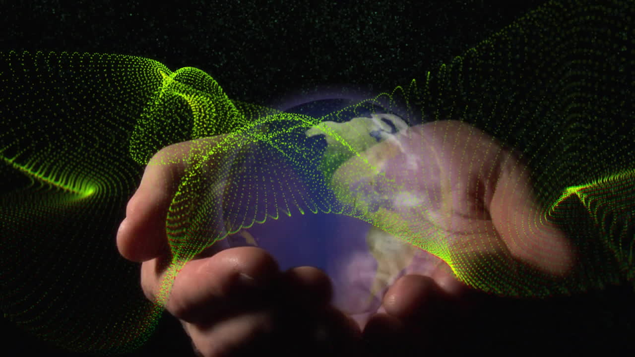 Holding Earth, hands with green digital wave patterns in animation concept