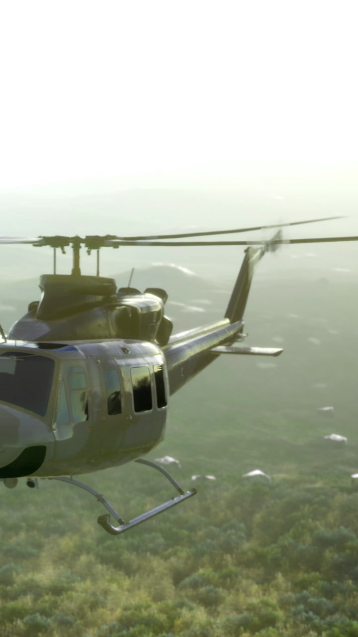 Helicopter flying over landscape during daytime with clear sky