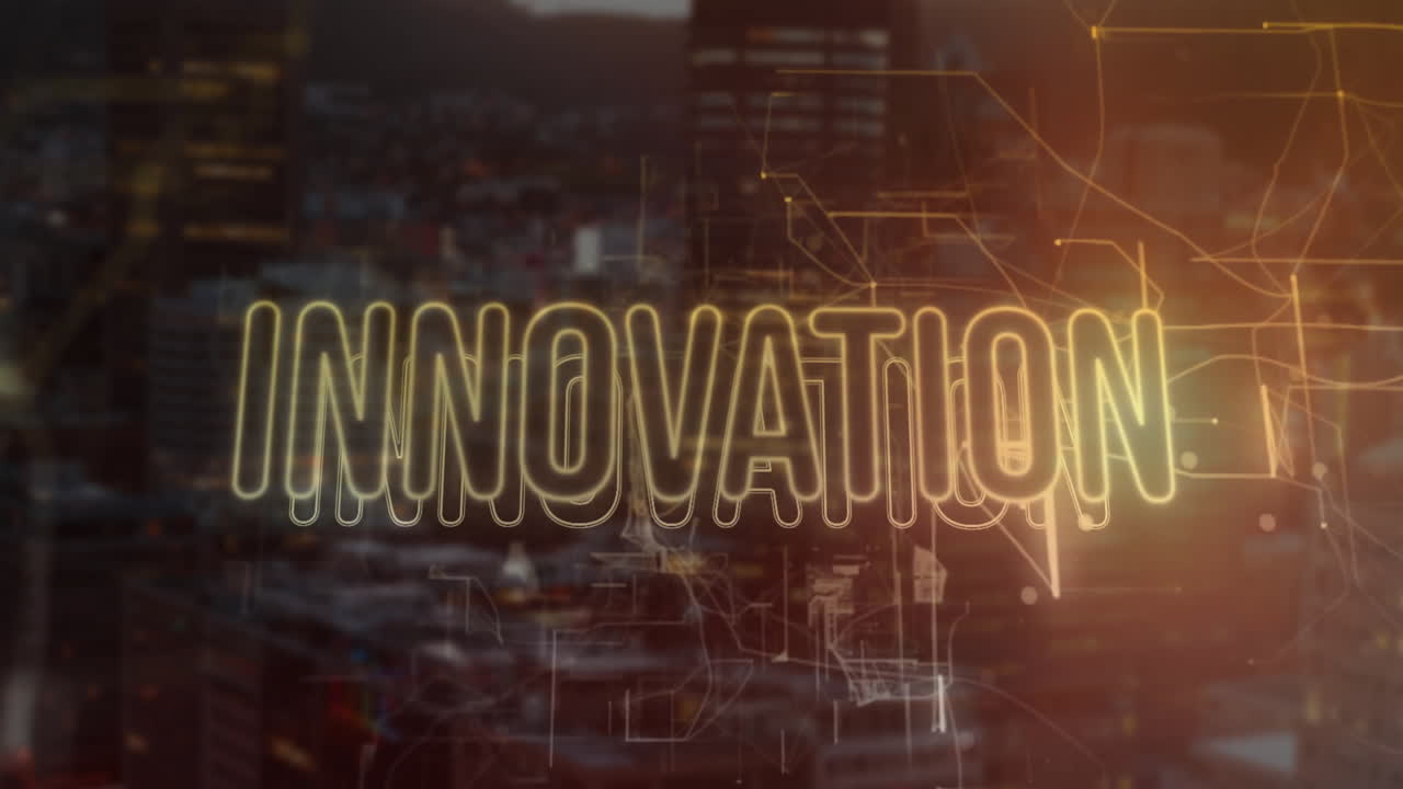 Animation of innovation text and connections over cityscape