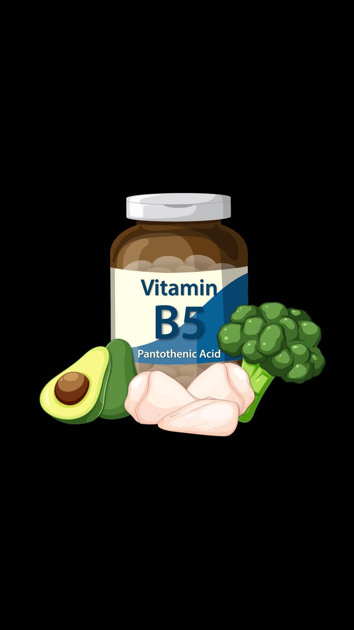 Una bottiglia di Vitamina B5 appare con avocado, pollo, broccoli su sfondo nero, con animazione di dissolvenza in entrata fluida.