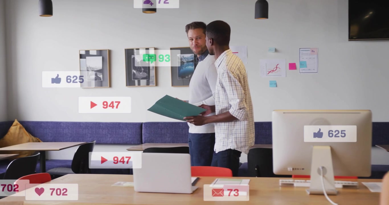 Opening green file, two men walking table while likes and comments multiplying, reviewing marketing