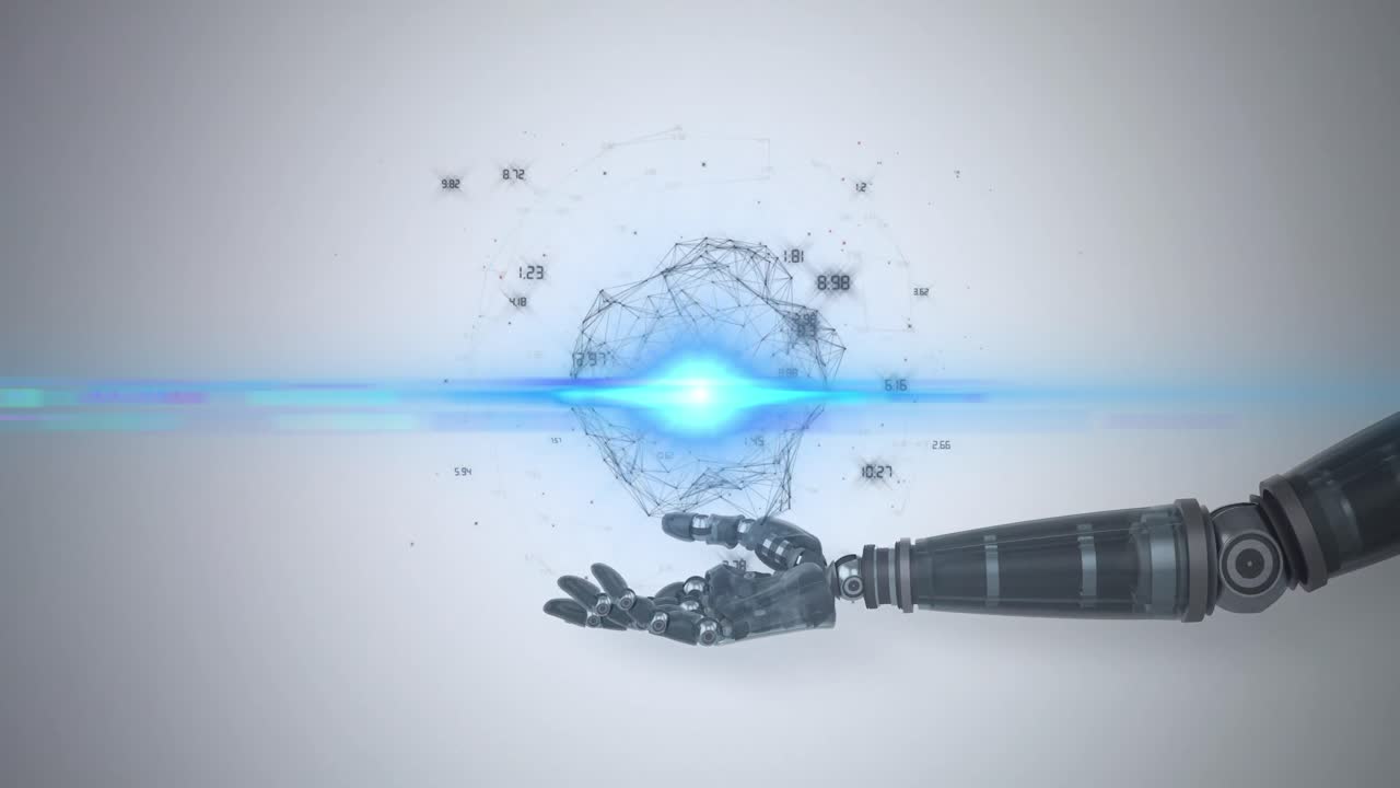 Animation of network of processing data over hand of robot arm, with blue light on grey background