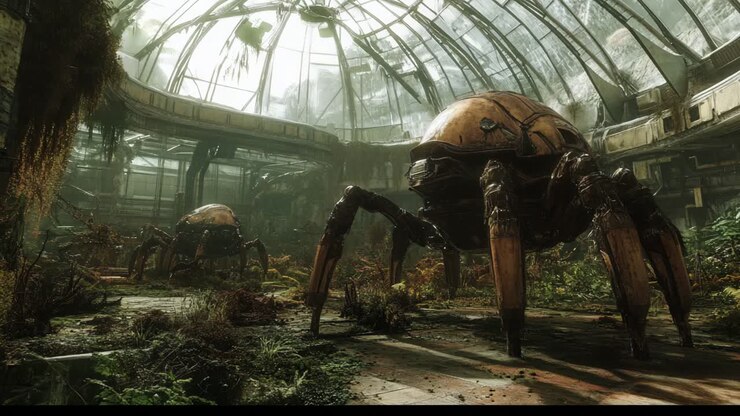 Serra abbandonata con creature robotiche