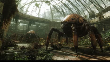 abandoned glasshouse with robotic creatures