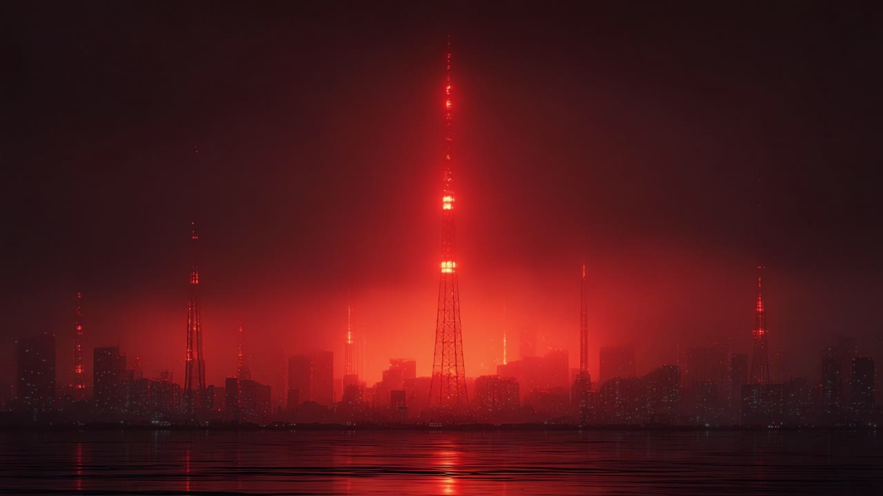 Futuristic dystopian city shrouded in thick red fog at night, with a prominent glowing telecommunication tower reflecting on the water as a small boat passes by creating a cyberpunk landscape