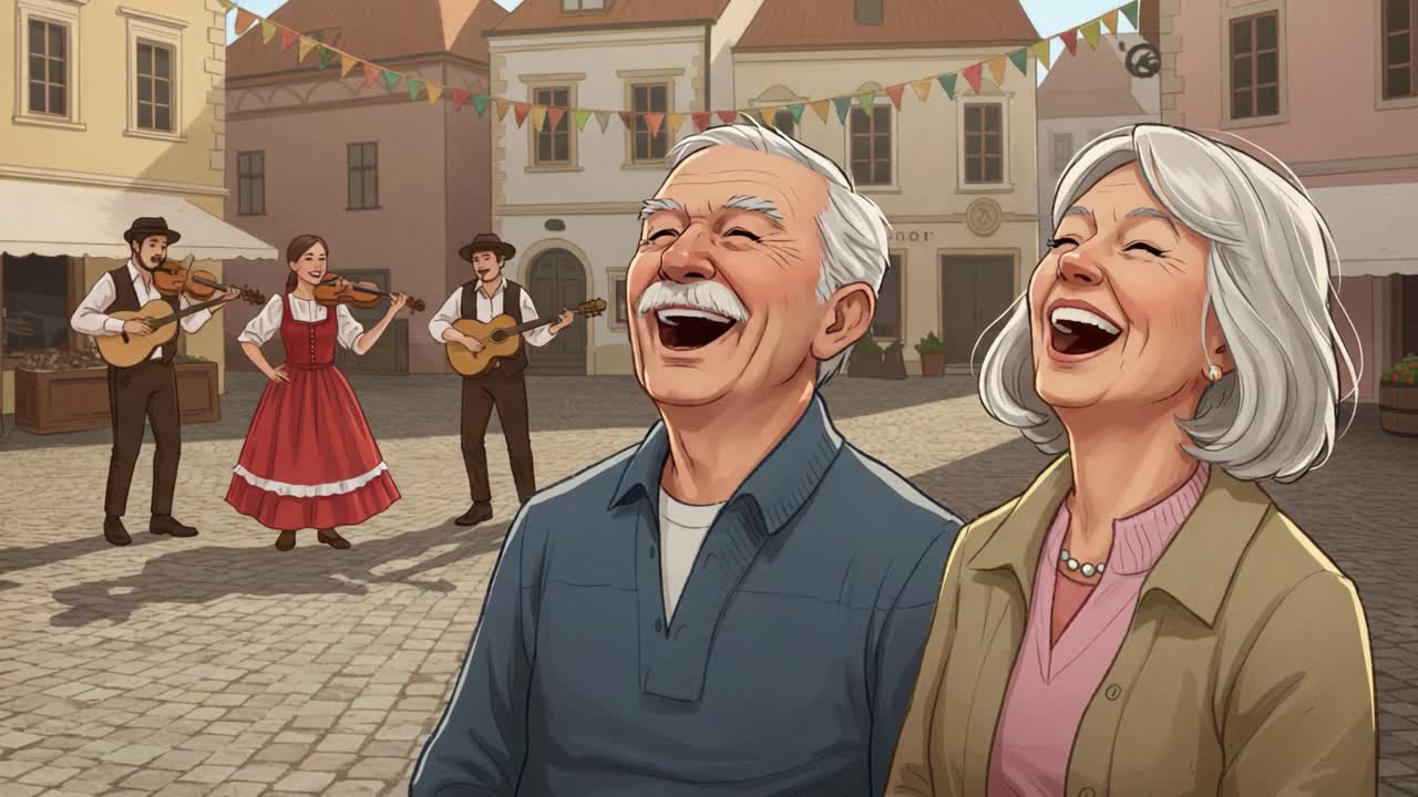 Joyful Moments of Connection: An Elderly Couple Enjoying a Festive Celebration in a Charming Town Square Filled with Music and Laughter