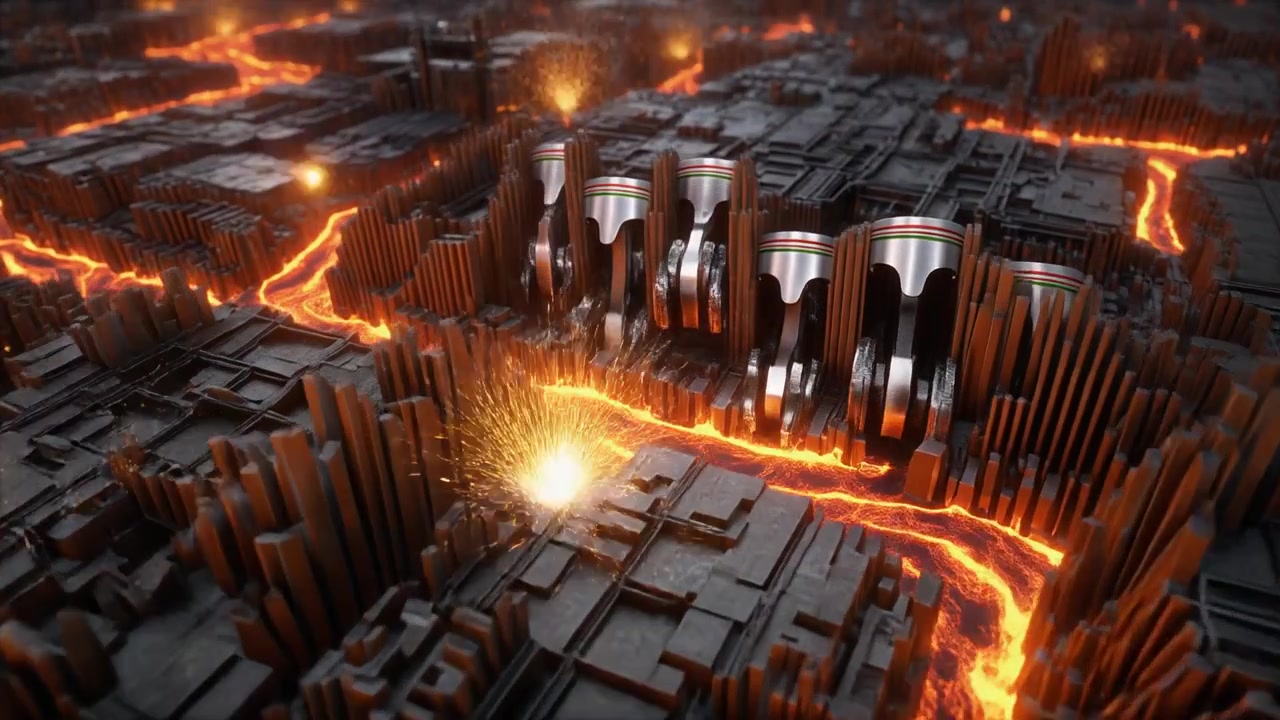 Abstract 3D Animation of Engine Pistons Moving Through Molten Lava Landscape