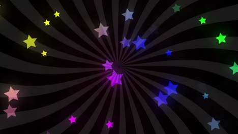video generado digitalmente de estrellas multicolores que se mueven contra un fondo de rayas negras