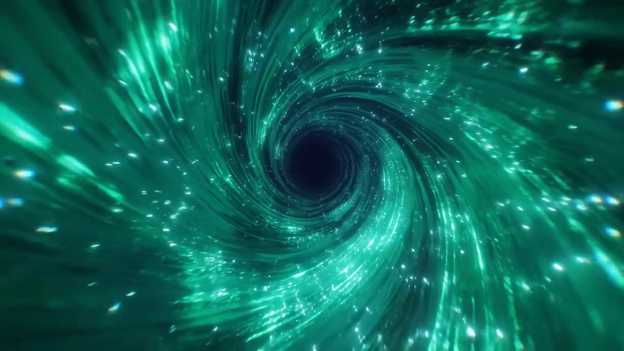 Un vortice ipnotizzante in uno spazio astratto, illuminato da particelle di luce dinamiche, visto da una prospettiva centrale. Questa scena mistica e vibrante, ambientata in un universo di fantascienza