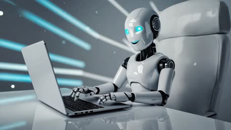 robot working on a laptop