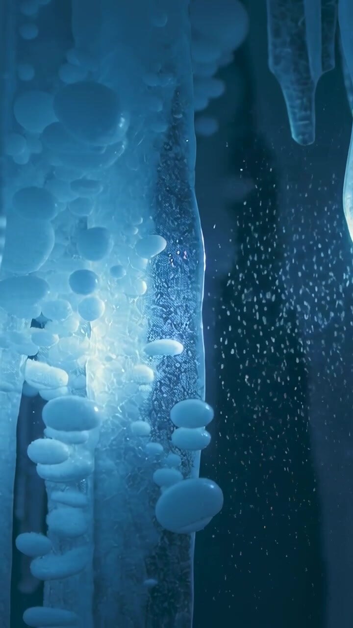 Vertical video: Lighting ice column revealing bubbles drifting in macro gap by blue glow