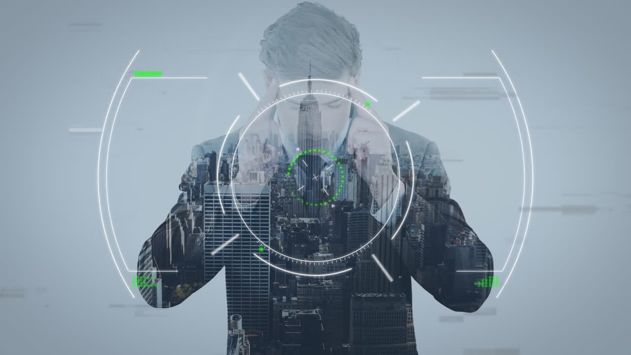 animación de escaneo de alcance y hombre de negocios caucásico sobre el paisaje urbano