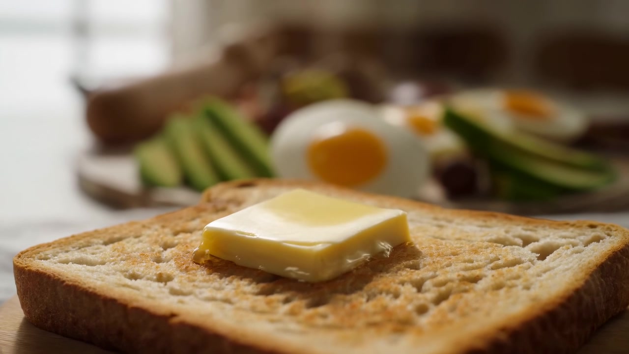 Close-up of toasted bread slice with square butter pat softening and melting on warm crumb, glossy edges and slight pooling visible, while eggs and avocado stay softly blurred behind