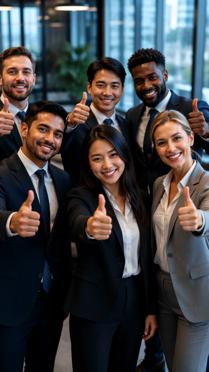 Diverse Business Team Giving Thumbsup, Asian Woman And Asian Man, Black Man And White Colleagues Celebrate