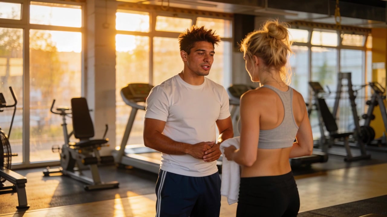 Nach dem Training, sprechender Mann im weißen T-Shirt coacht Frau im Sport-BH im Fitnessstudio, hält Handtuch.