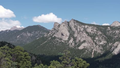 Aerial-View-of-Rocky-Mountains-in-Summer-Season,-Peaks,-Valley-and-Evergreen-Forest,-Cinematic-Drone-Shot