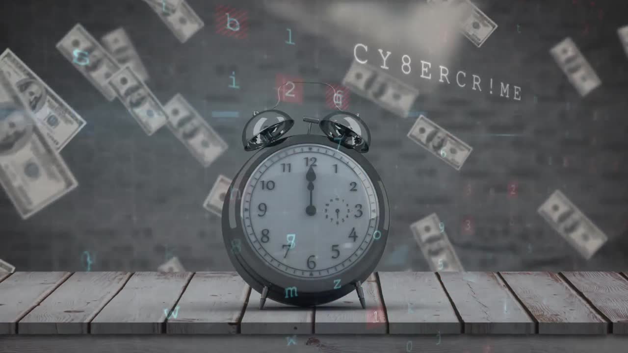 Animation of numbers and clock over falling dollar banknotes