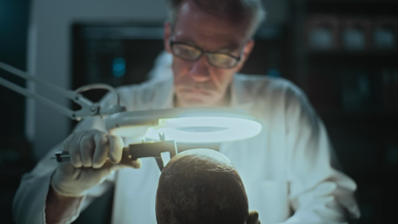 arqueólogo examinando un cráneo fósil