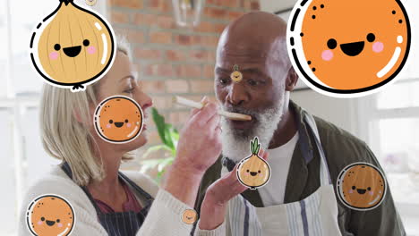 animation of food icons over diverse couple cooking together