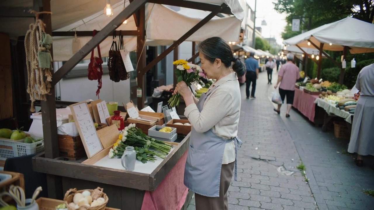 Venditore asiatico senior con grembiule grigio che sistema steli e prepara bouquet in vendita presso una bancarella al mercato