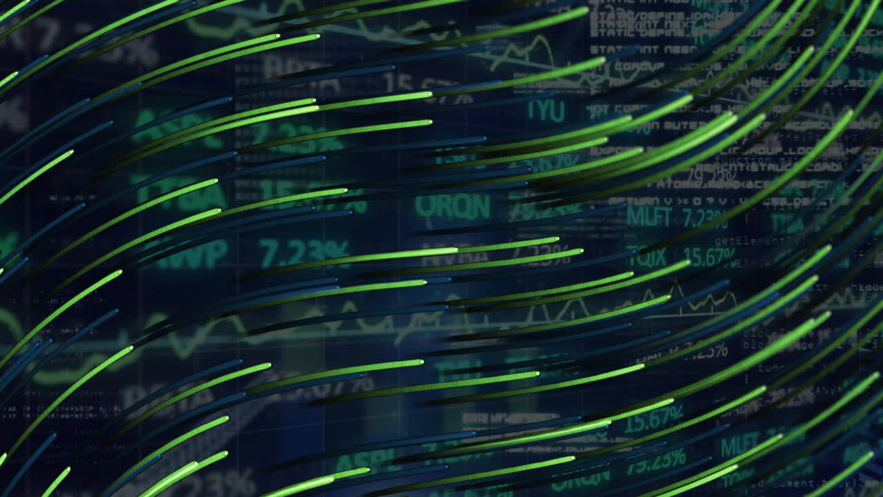 Animation of financial data processing with green light trails on digital screen