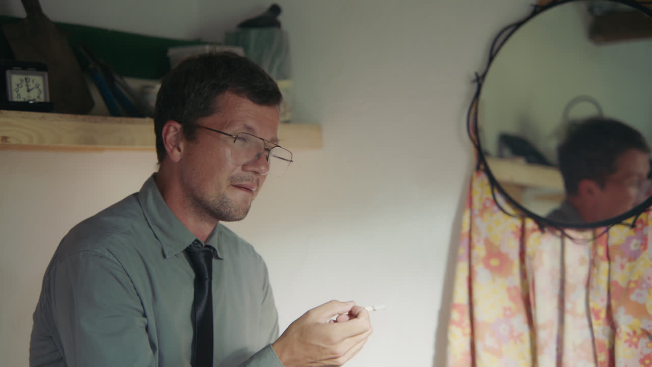 Man Smoking a Cigarette in a Room