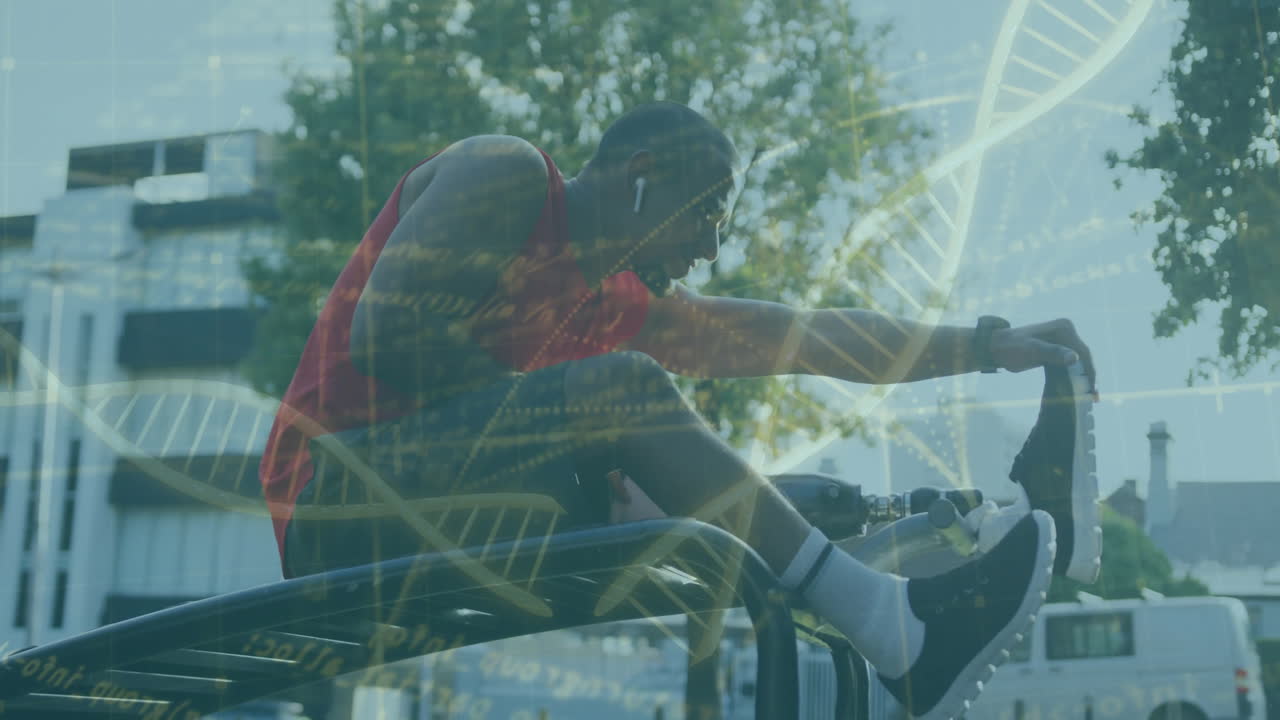 Man stretching outdoors with DNA strand and data processing animation overlay