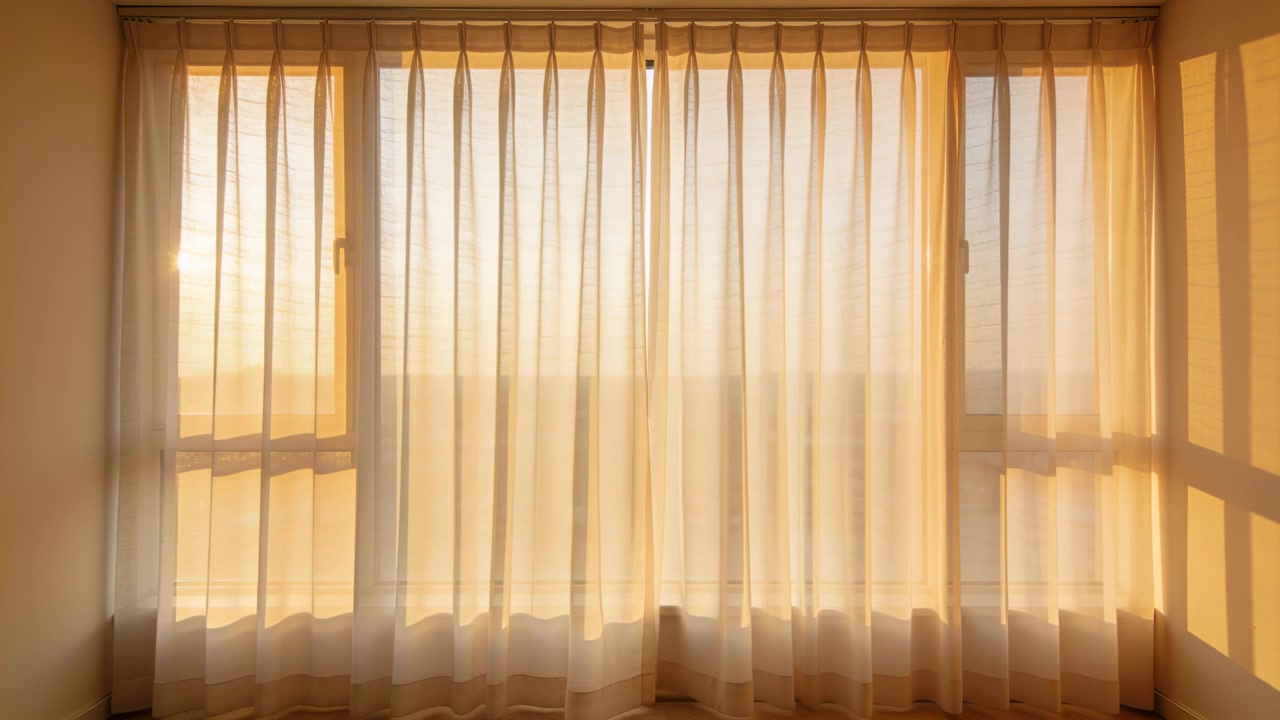 Cortina translúcida beige ondeando en la ventana de casa, impulsada por la brisa y la luz dorada del sol.