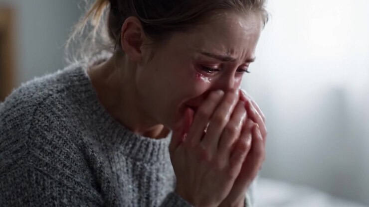A Heartbreaking Moment of Despair: A Woman in Tears, Overwhelmed by Emotion, Struggles to Cope with Her Feelings While Seated in a Somber Environment, Seeking Solace and Understanding