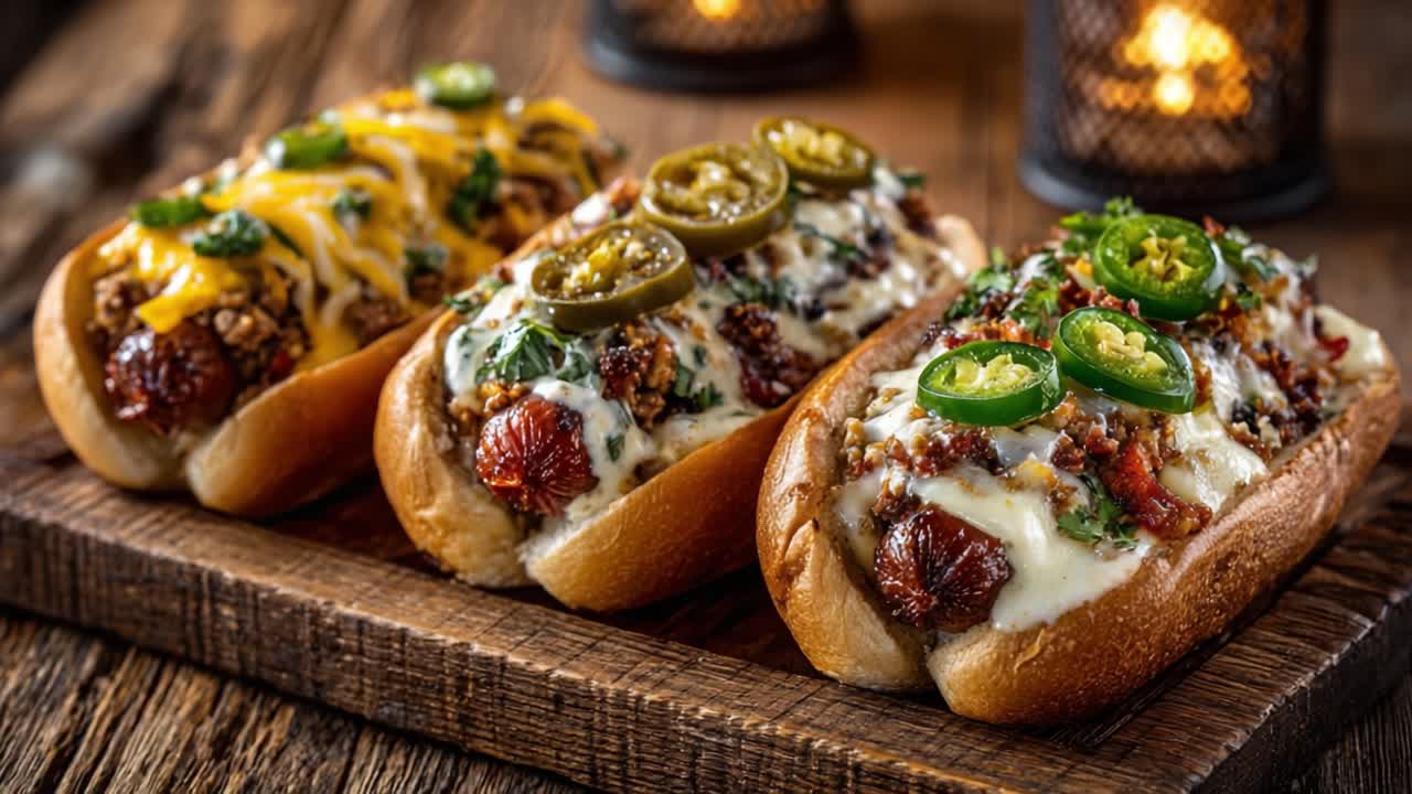 Squisiti Hot Dog Gourmet Carichi di Condimenti al Formaggio, Jalapeños Freschi e Pancetta Croccante su un Piatto di Legno Rustico Sotto la Calda Luce di una Lanterna