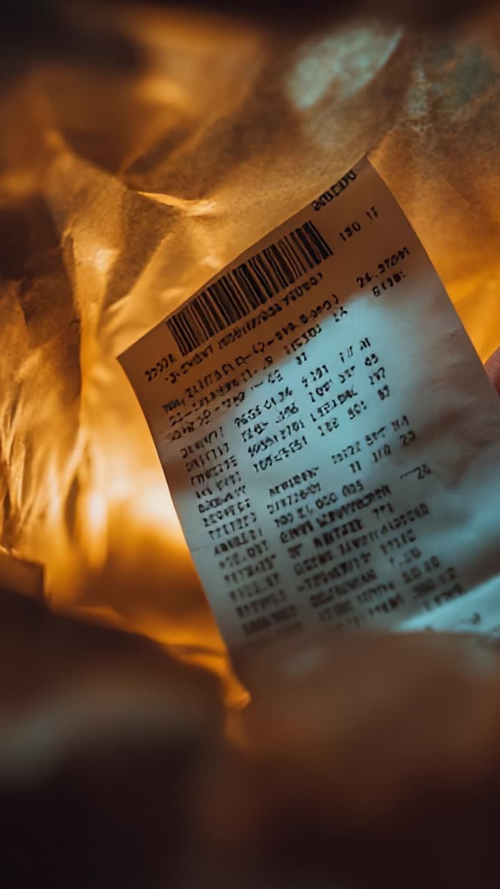 Detailed Close-Up of a Retail Receipt Highlighting Itemized Purchases and Transaction Information, Illuminated by Soft Light from Within a Paper Bag